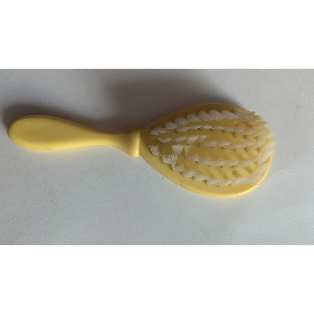 Vintage Yellow Baby Hair Brush Blue Teddy Bear Red Hearts Nursery Grooming 5.5in